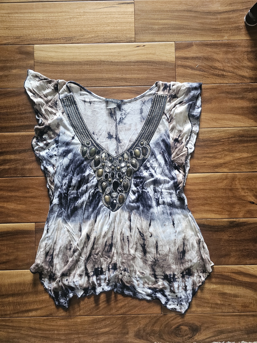 VENUS Brown & Black Tie-Dye V-Neck Top with Beaded Embellishment - Picture 2 of 6